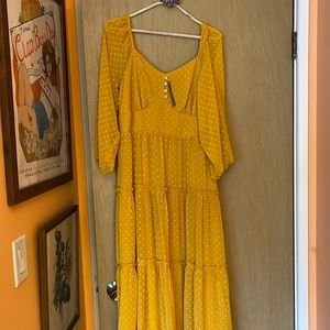 NWT Marigold Mustard Yellow Swiss Dots Square Neck Cocktail Dress J. Crew